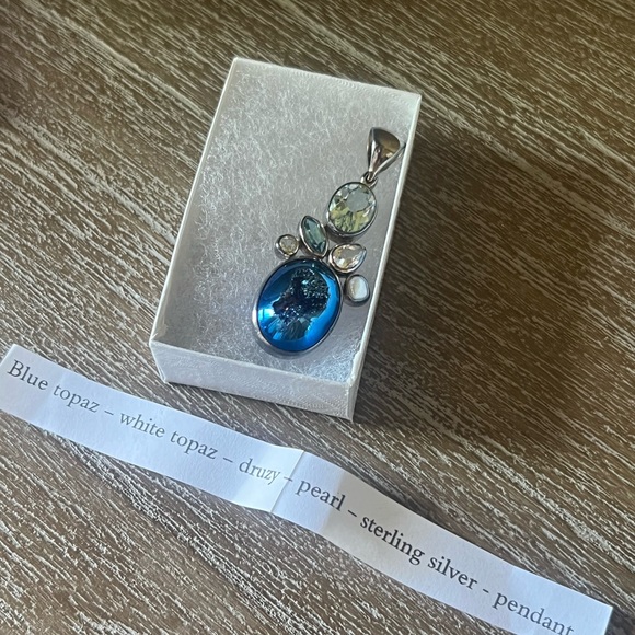 Jewelry - Blue topaz, druzy, Pearl pendant necklace